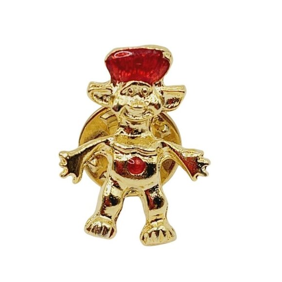 Vintage Troll Lapel Pin Gold Tone Red Enamel Hair & Belly Tie Tack 7/8" Exc Cond - Picture 1 of 6